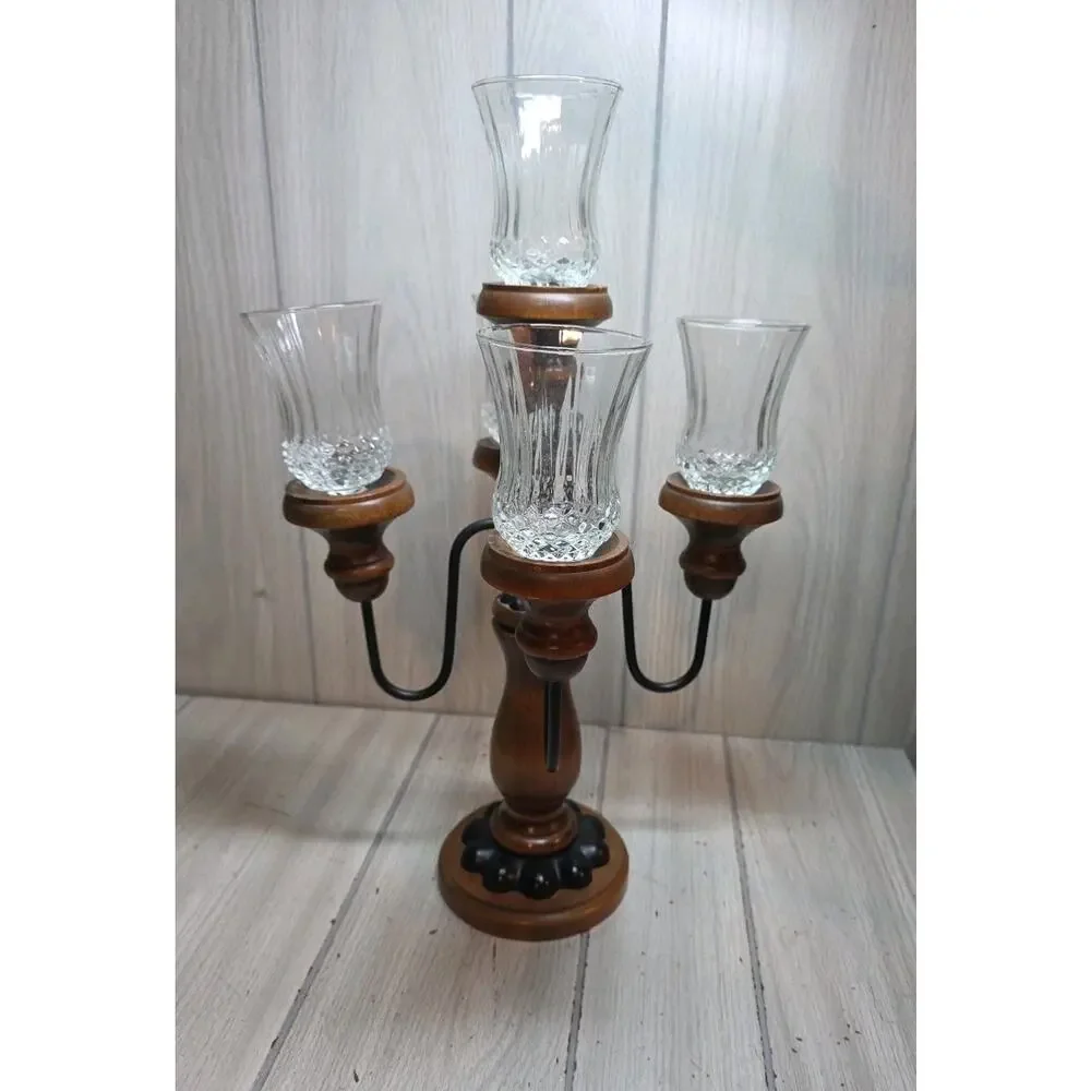 Vtg 60s/70s Wood And Wrought Iron Candelabra 5 Arm Gothic Candle Votives 19.5”
